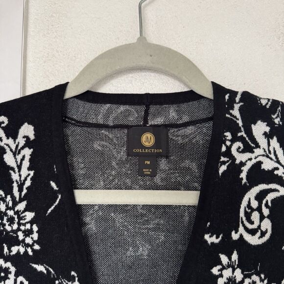 JM Collection Petite Printed Open Front Cardigan Medium Deep Black Combo Classic - Picture 2 of 5